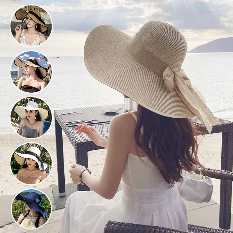 Sombrero de sol de playa de verano para mujer, gorra extragrande para viajes al aire libre, protección UV, sombrero de playa con visera de ala ancha para bloquear el sol