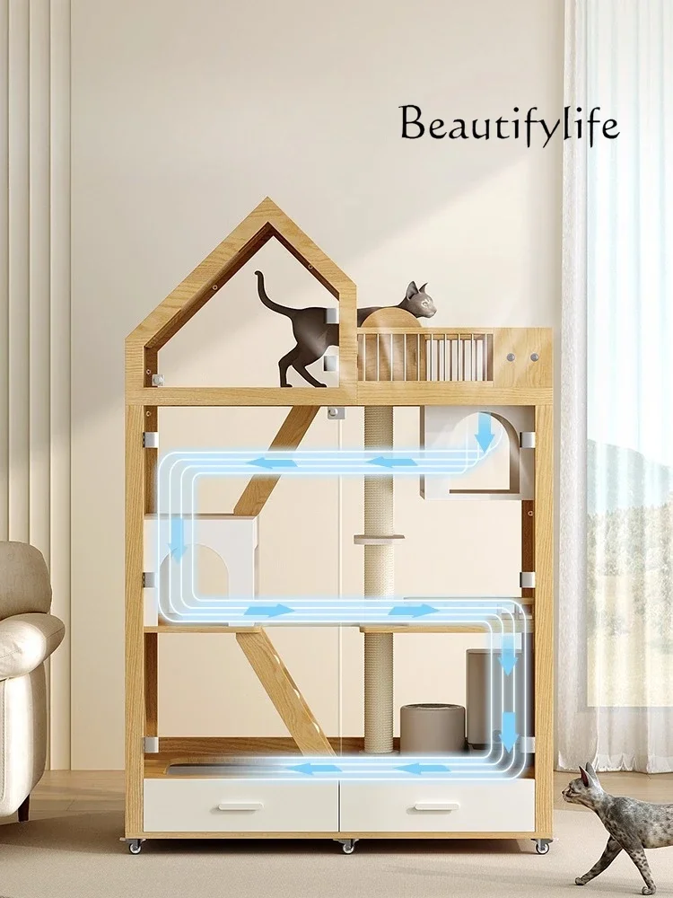 99 Luxury Cat Villa Panoramic Glass Cabinet Wooden Cage Toilet Integrated Cat Nest Home Indoor House
