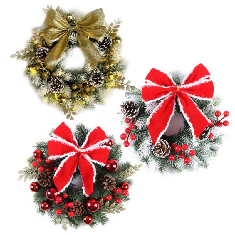 

1PC Christmas Wreath Christmas Garland Decoration Big Bow Door Hanging Festival Pendant Xmas Window Atmosphere Props 33cm