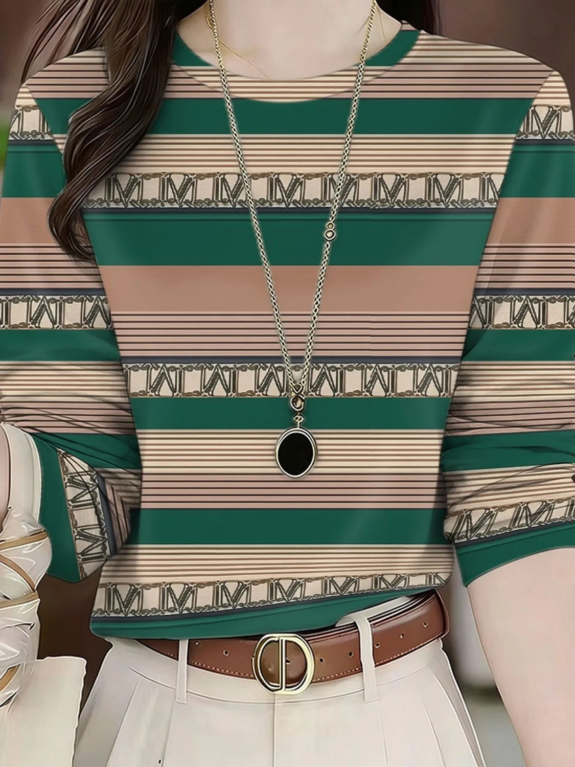 

Retro Striped Long Sleeve T-Shirt Women's Loose Comfortable Base Shirt Anti-Aging Mommy Style Casual Polyester Fiber Standard...