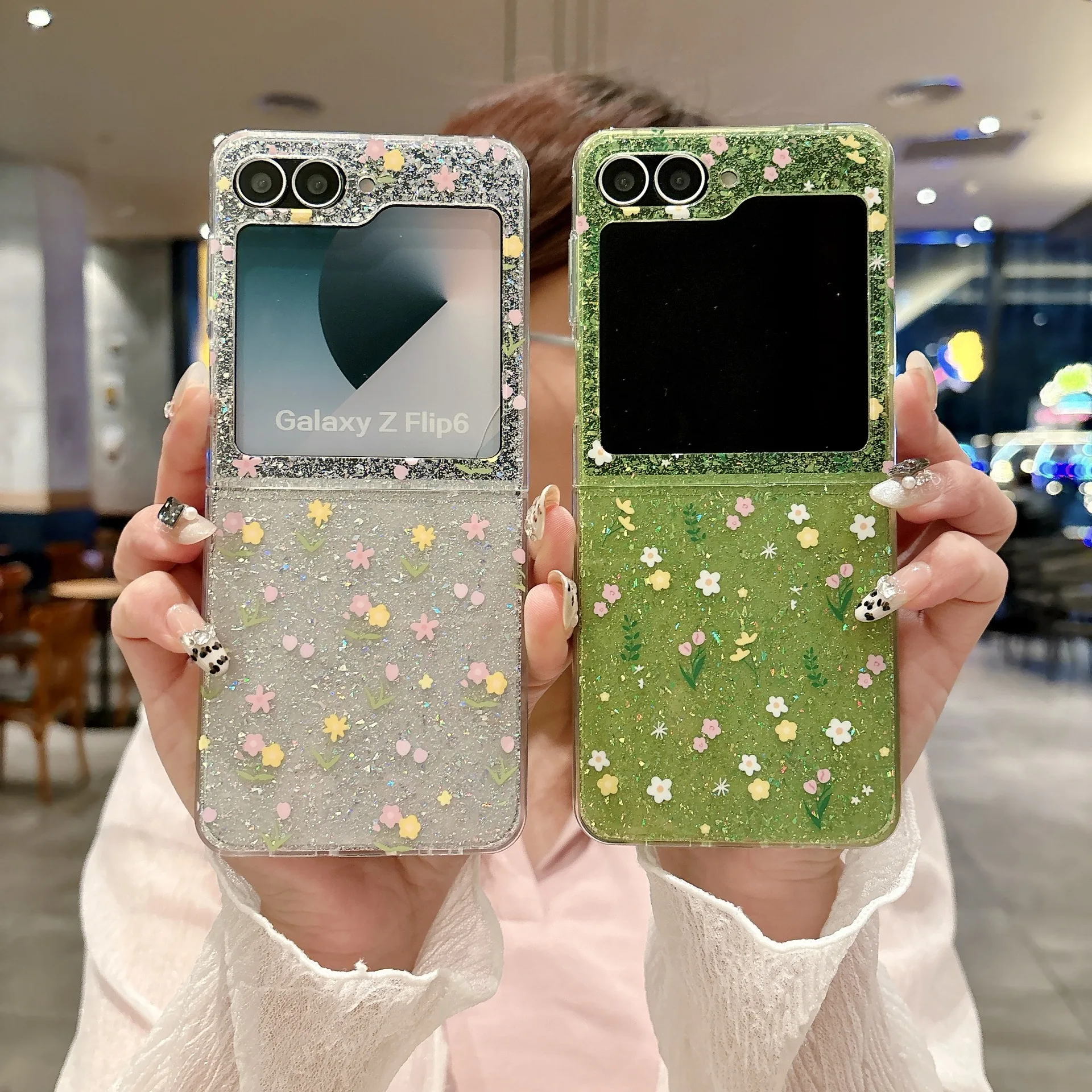 

Flower Green Silver Phone Case For Samsung Galaxy Z Flip 7 6 5 4 Protective Back Cover For ZFlip5 ZFlip6 ZFlip7 Case Shell