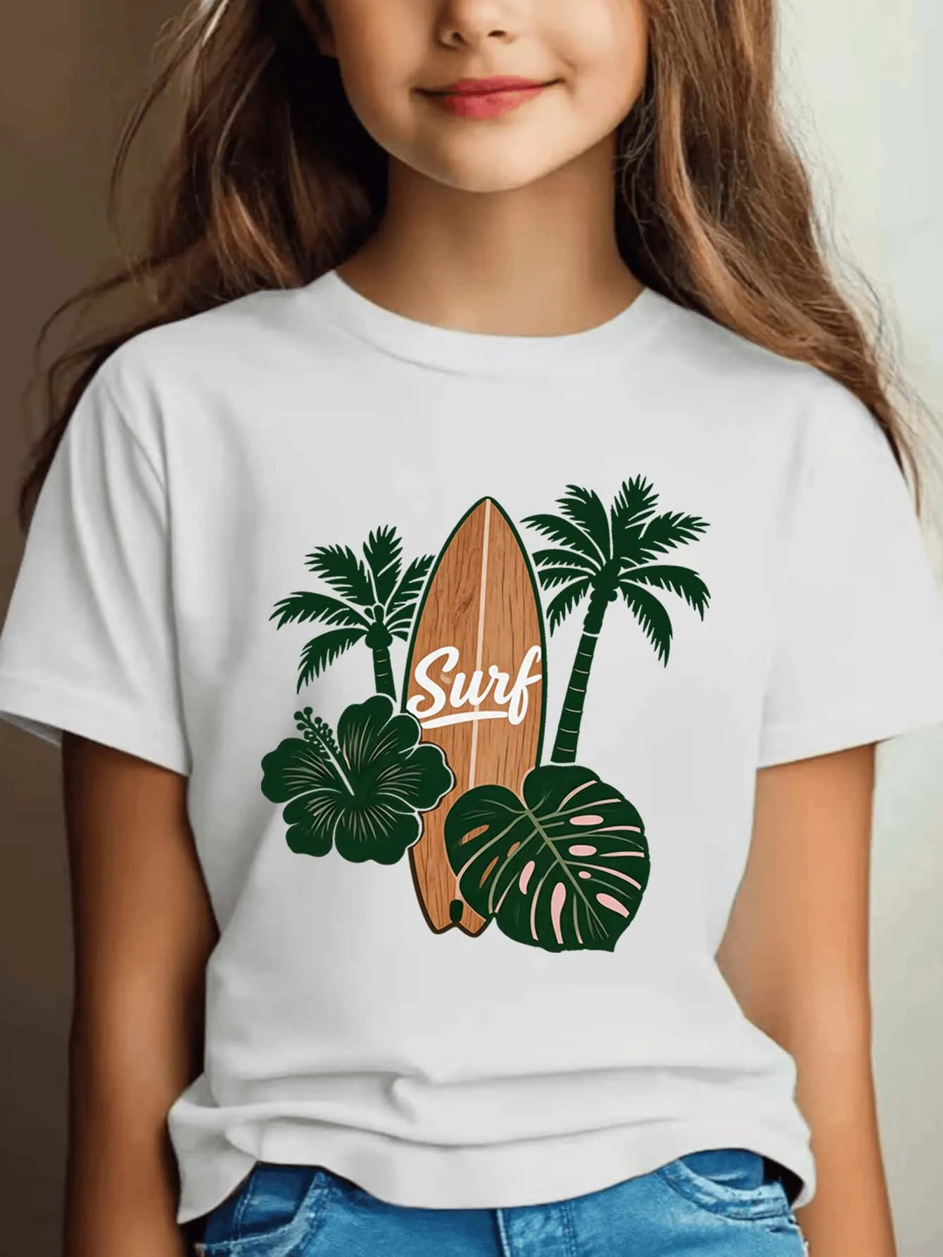Cute Surfboard Tropical Palm Print Graphic Kids Tee Boys Girls Family Matching Cotton Crew Neck Short Sleeve Soft Summer Tee