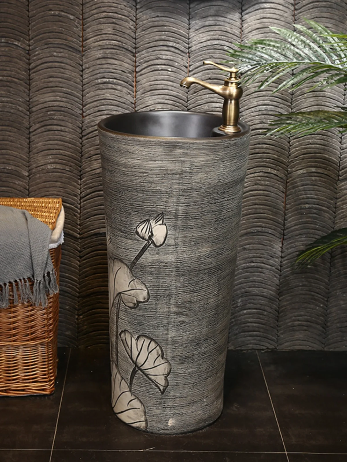 Ceramic column-type washbasin, Chinese-style carving art column, integrated outdoor handwashing basin