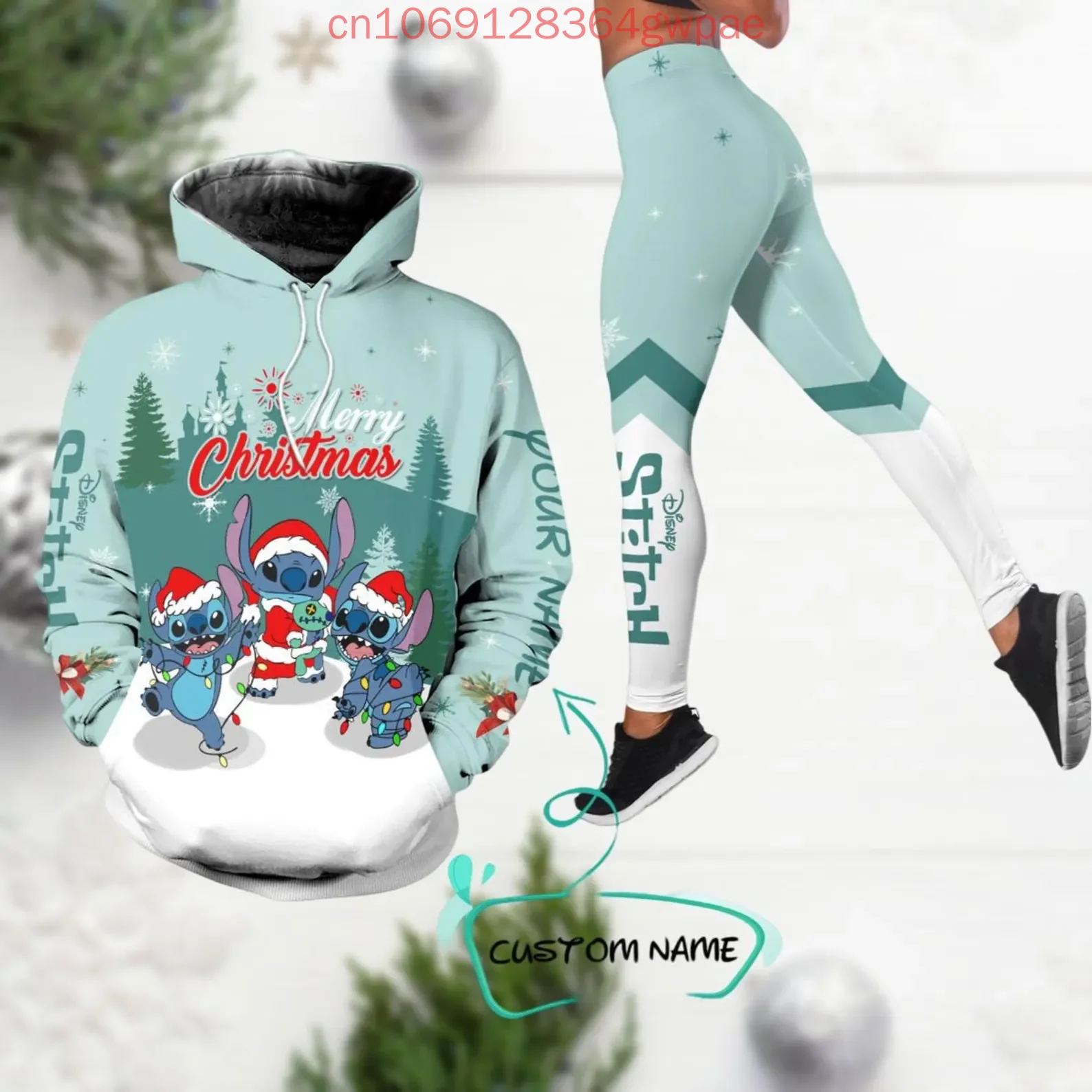 Disney Stitch Hoodie and Leggings Set Women\'s Stitch and Angel Christmas Hoodie Yoga Pants Sweatpants Fashion Tracksuit Set