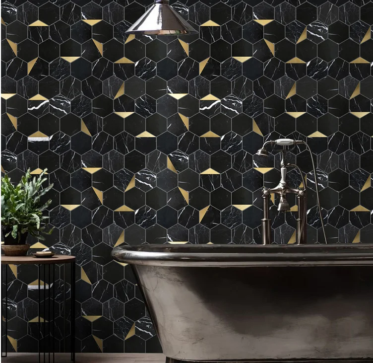 

Hexagonal gold metail tile mix black stone mosaic kitchen mosaic tile for home decoration