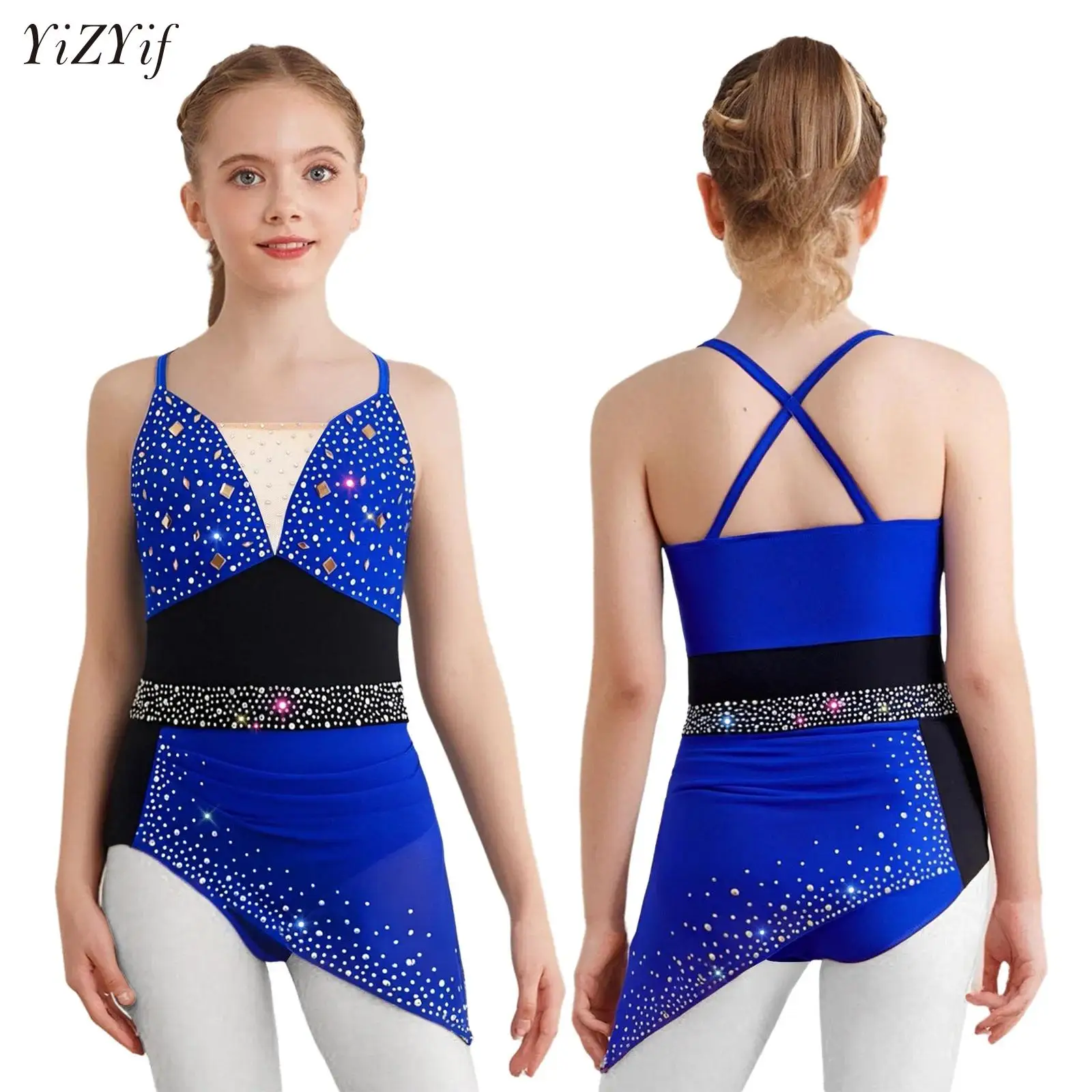 

Girls Lyrical Dance Competition Dress Figure Skating Sparkly Rhinestone Ballet Dancewear Sleeveless Ruched Performance Costume