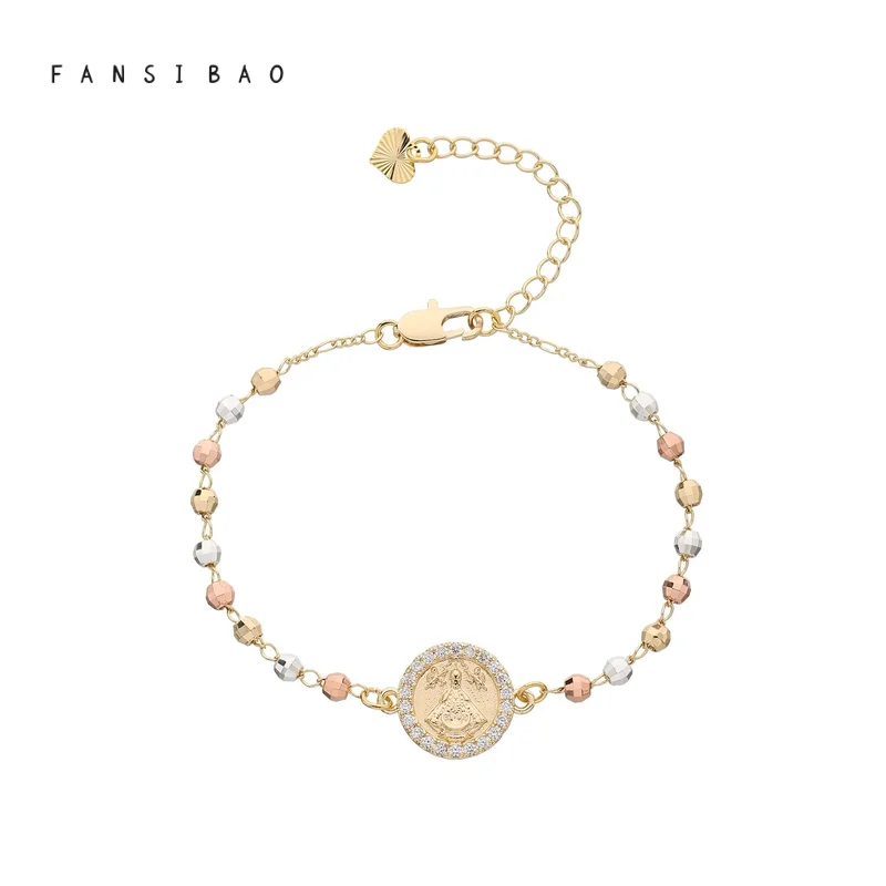 FanSibao Fashion Frontier Maria Statue Tri color Mixed Bead Bracelet Cross Design Women's Exclusive Bracelet