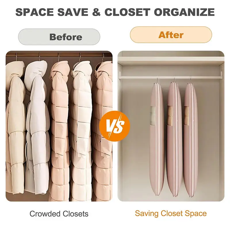 Space Save Hanging Garment Bag with Self Compression Zipper Dust Cover Down Coat Bag Travel Clothes Organizer for Closet Storage