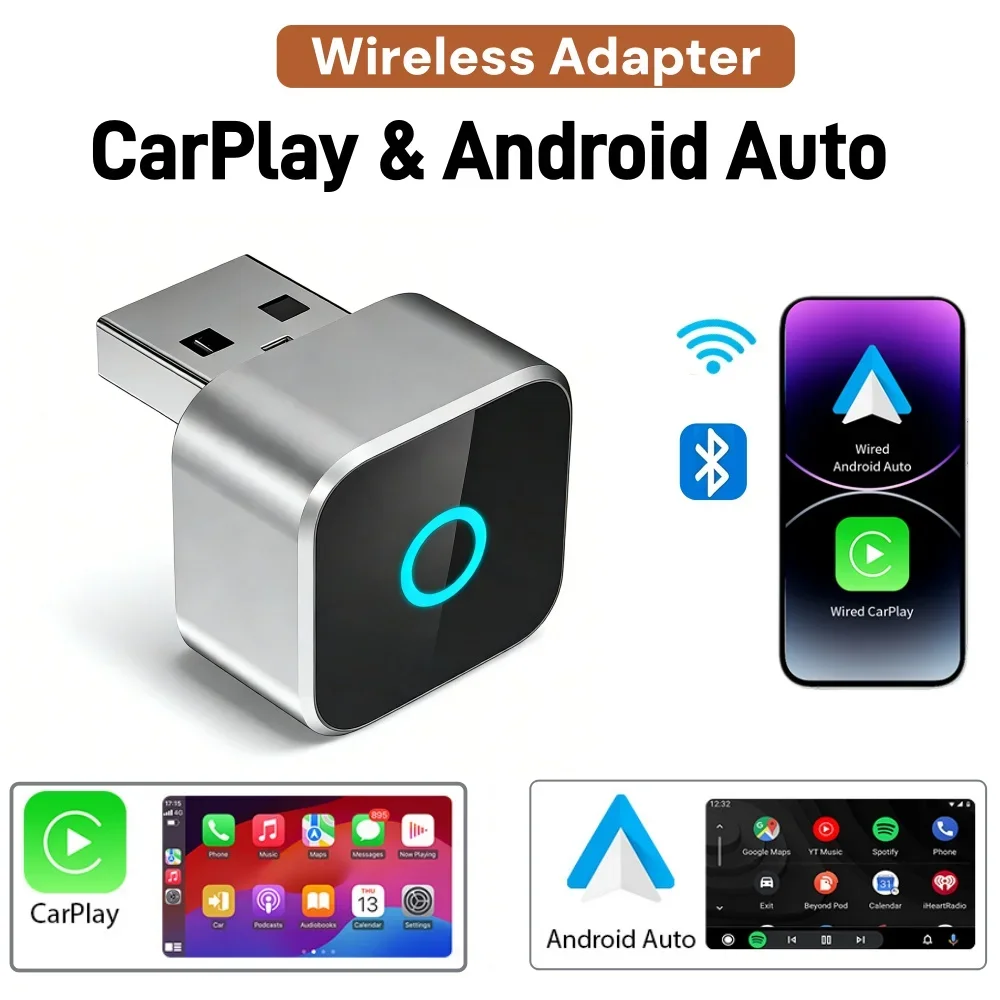 Adapter 2 w 1 Bezprzewodowy CarPlay i Android Auto Smart USB Dongle Automatyczne Podłączenie Plug & Play dla iPhone'a i Androida do Samochodów z Fabrycznie Zaprogramowanym Systemem