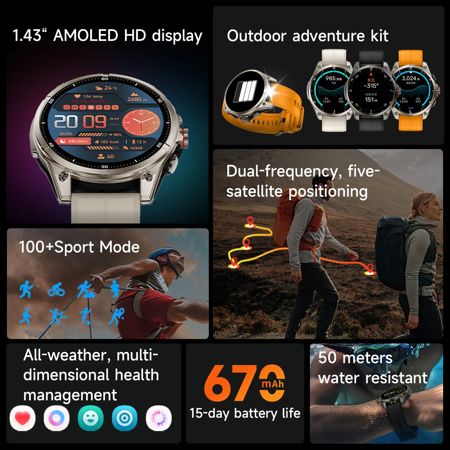 جديد GPS ساعة ذكية في الهواء الطلق 5ATM مقاوم للماء الترا HD AMOLED عرض مصباح ليد جيب المدمج في GPS + BD BT دعوة Smartwatch الرجال
