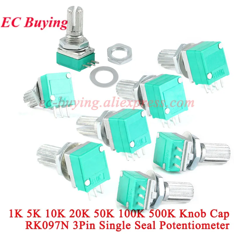 1Pc-10Pcs RK097N B5K B10K B20K B50K B100K B1K B500K Switch Audio Amplifier Sealed Potentiometer 15mm Shaft 3Pin 5K 10K 20K Cap