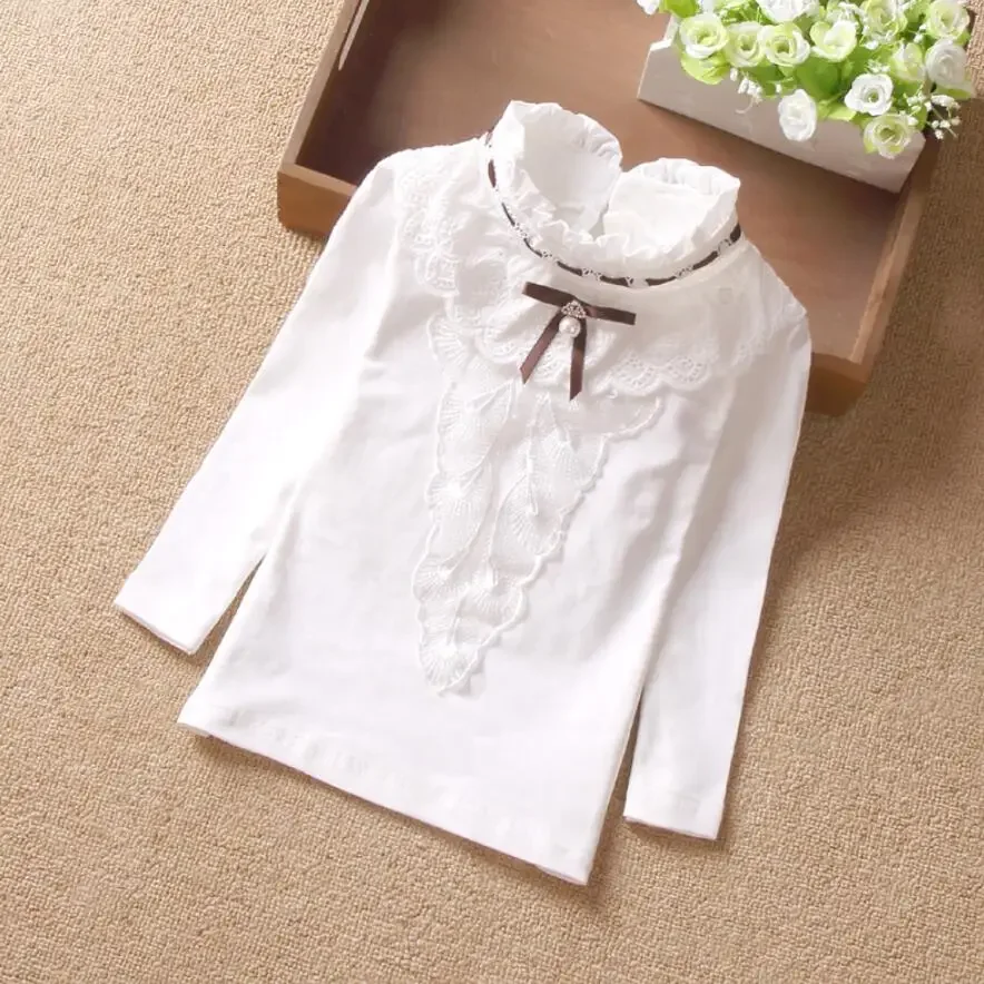 School Girls White Blouse Long Sleeve Lace Shirts Kids Cotton Shirt Baby Toddler Teen Girl Tops Children Clothes 6 8 10 12 Years