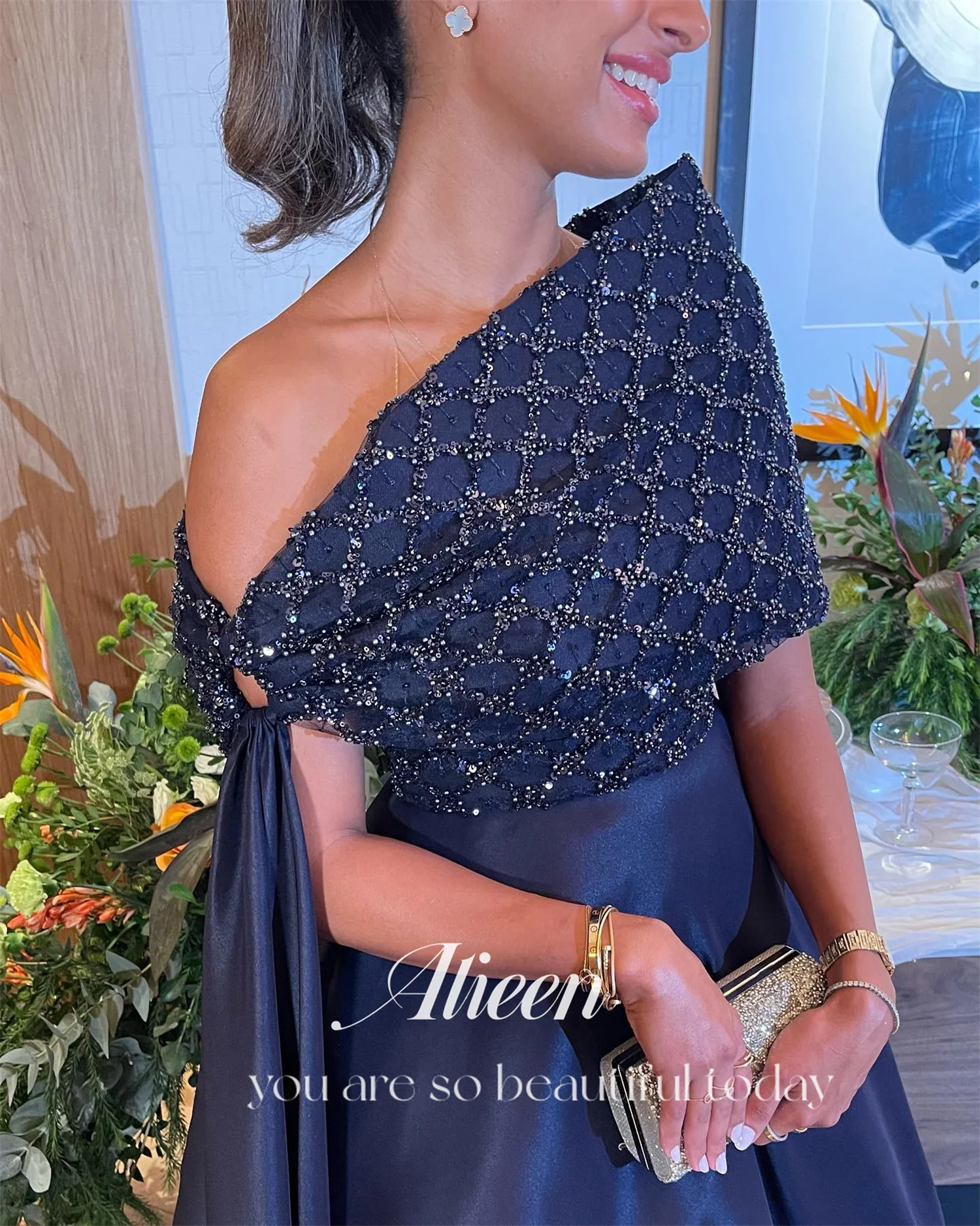 Aileen Marineblauw Satijn Aangepast Glanzend Nieuw in Jurken voor Speciale Gelegenheden Bruiloft Jurk Robe Soiree Elegante Jurken Prom