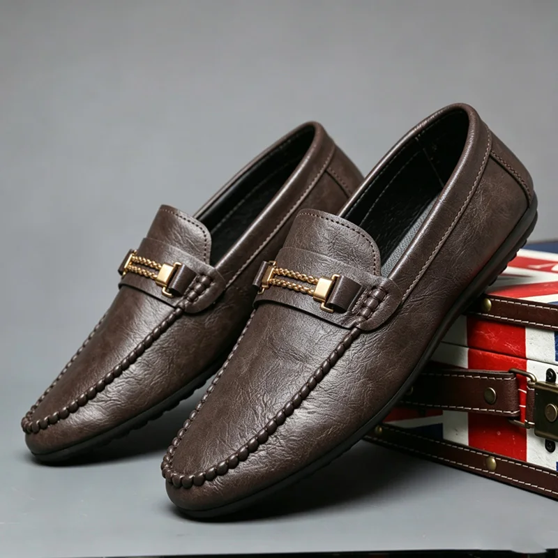 Men's PU Leather Loafers Non Slip Comfortable Flat Breathable Casual Outdoor Slip on Shoes Suitable for Work Office and Driving