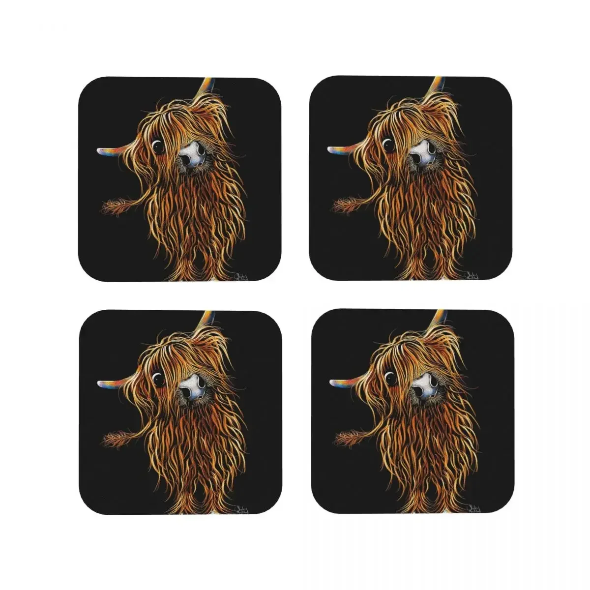 Highland Cow Print Scottish Coasters Coffee Mats Set of 4 Placemats Cup Tableware Decoration Pads for Home Kitchen Dining Bar