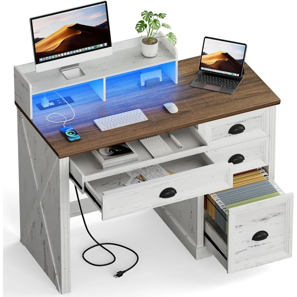 

Computer desk with monitor stand, wooden home office desk with LED light power socket, 47 inch workstation with storage space