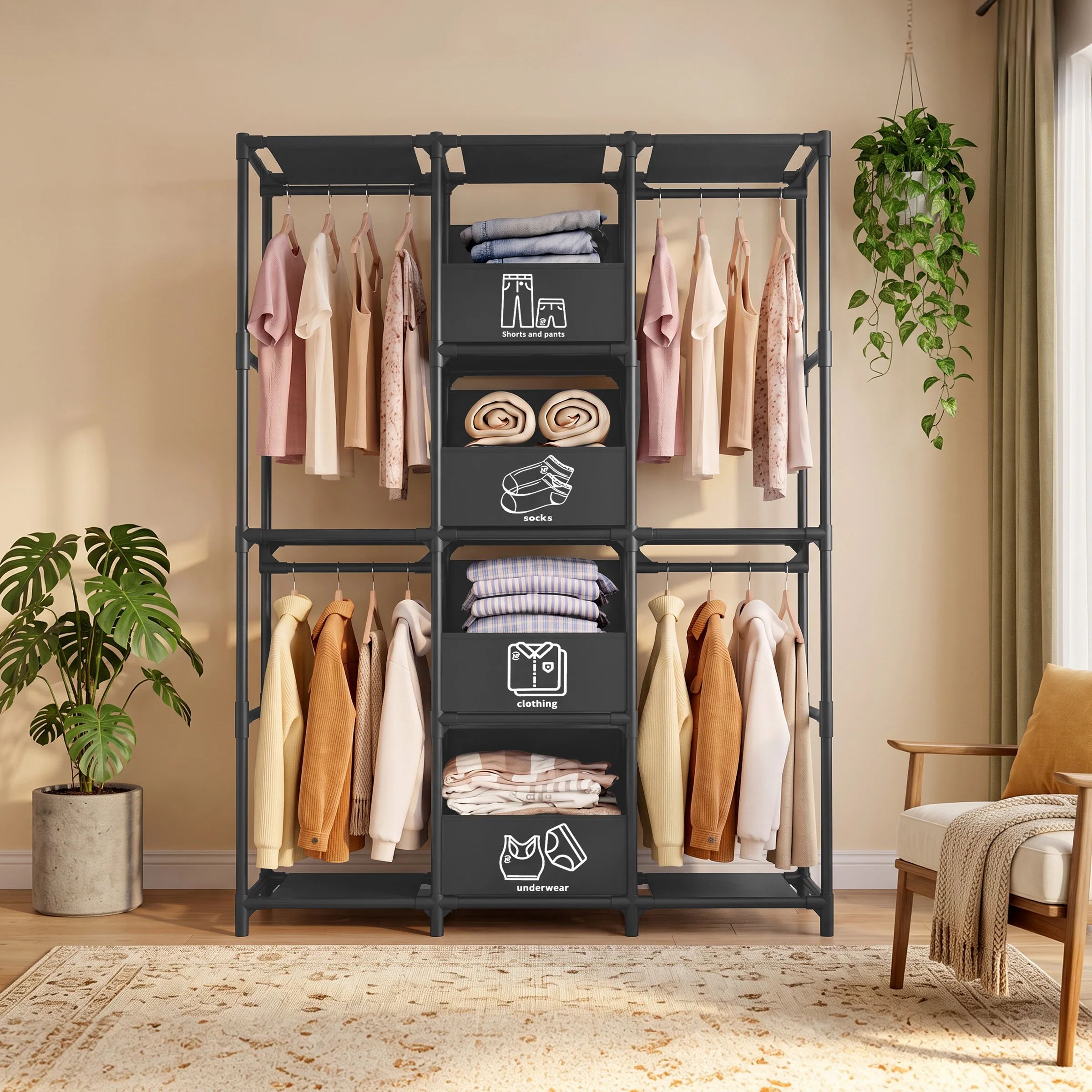 67" Freestanding Wardrobe Closet Dustproof Hanging Rods & Drawers Multi-layer Tall Heavy Duty Large Capacity Storage Rack Organizer Tool-Free Assembly for Bedroom Dorm Apartment