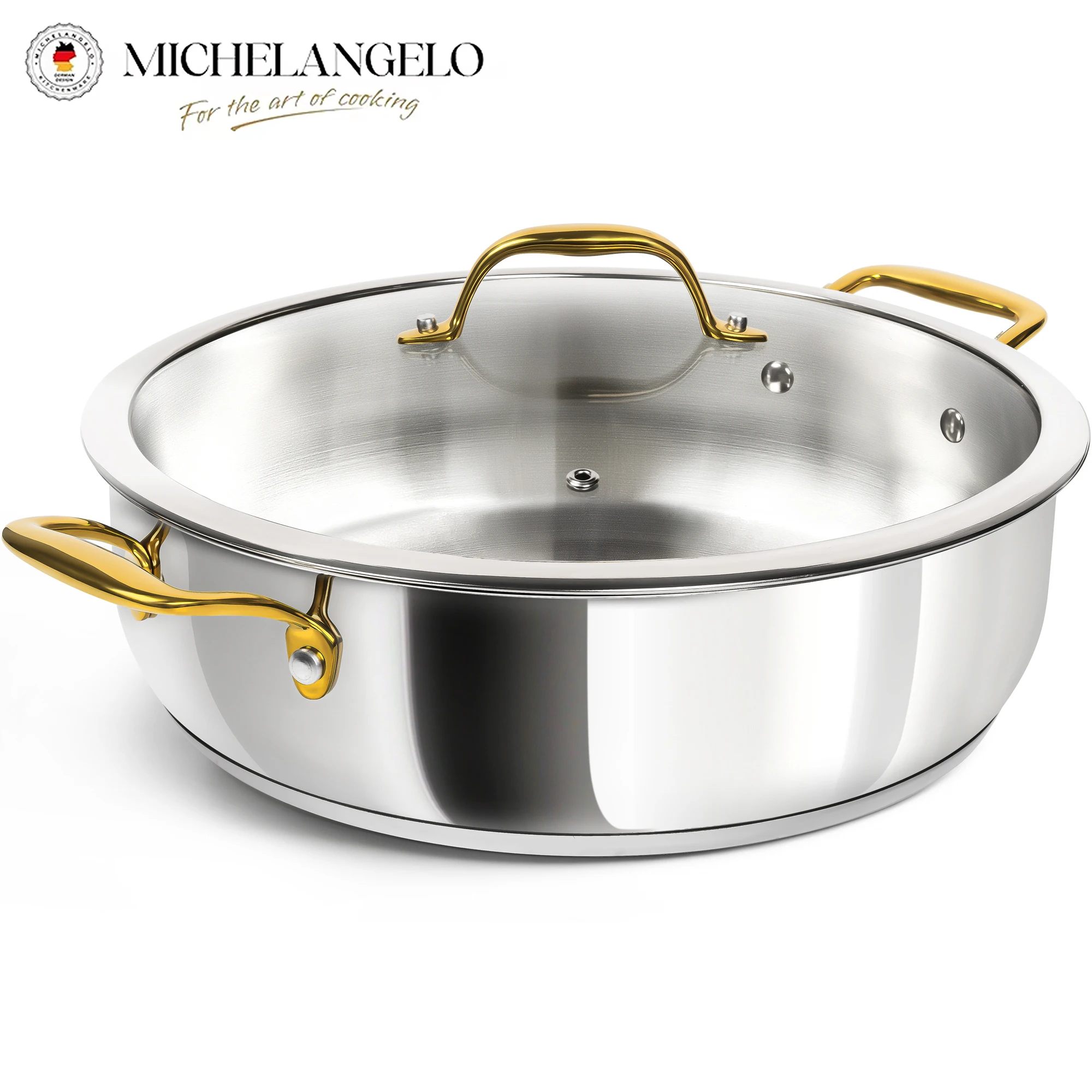 

MICHELANGELO 12-дюймовая сковорода из нержавеющей стали с крышкой, большая сковорода для соутов, сковорода, посудомоечная машина, безопасная в духовке варочная панель, совместимая кухонная утварь
