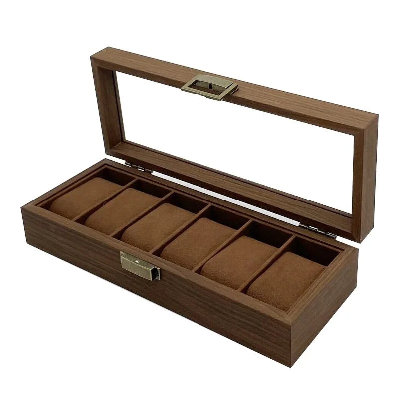 

Wholesale Walnut Wooden Watch Storage Box with 6 Slots Glass Window Organizer Case with 6 Slot Dark Walnut Pattern Wood Watch