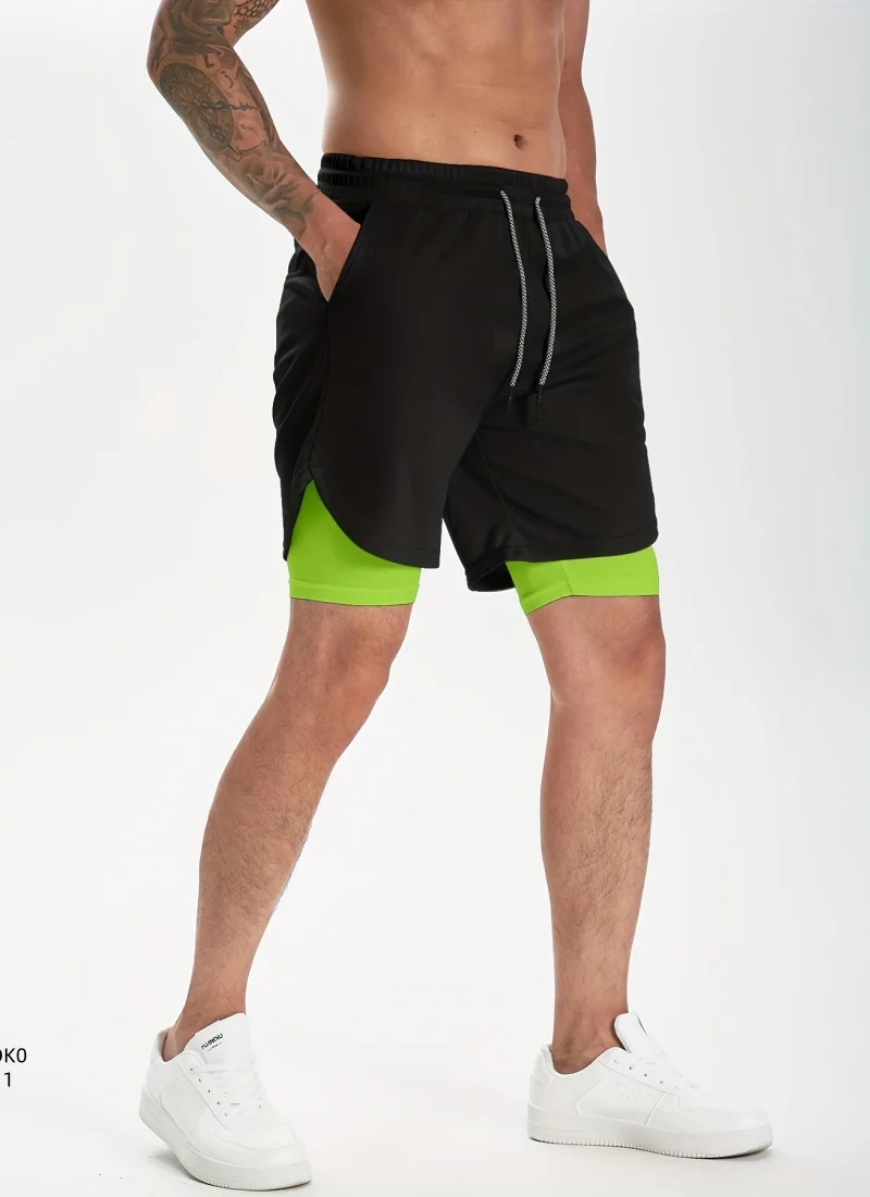 

Мужские двухслойные шорты, черные снаружи и зеленые внутри, легко и прохладно носить летом.