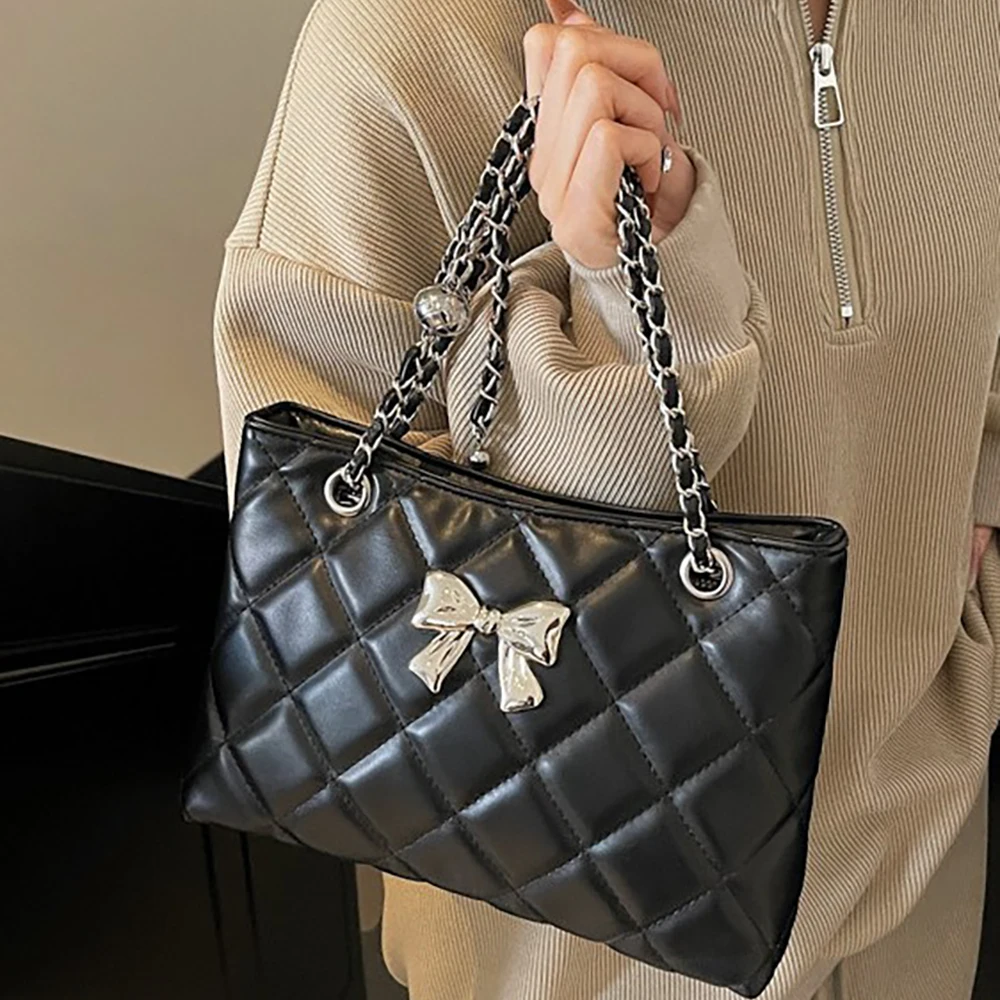 

Trendy Diamond Plaid Pattern Chains Shoulder Bags for Women 2025 New Bow Square Underarm Bag Office Lady Commuting Crossbody Bag