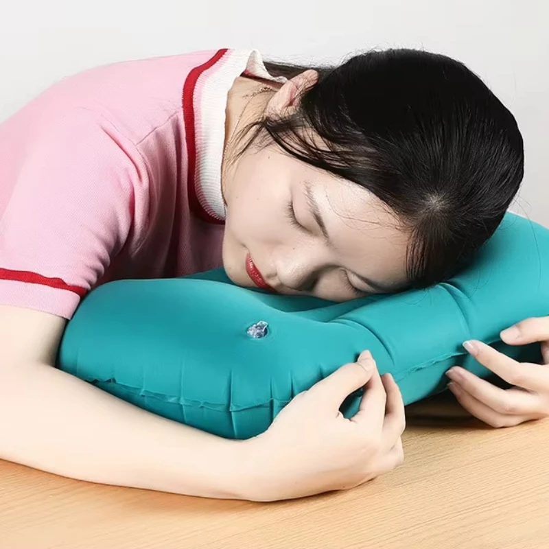 Thickened Flocking Rectangle Inflatable Neck Pillow Lumbar Support Cushion Sleeping Pillow Foldable Travel Pillow for Office Nap