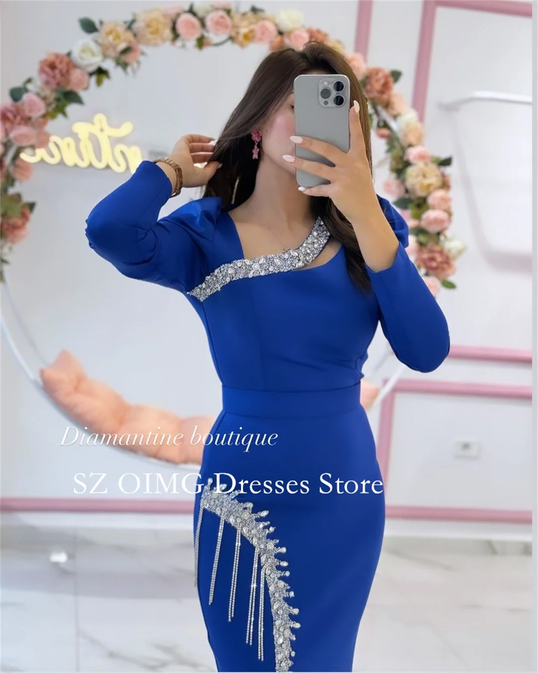 OIMG 2024 New Summer Women\'s Maxi Blue Crepe Satin Prom Dress Customized Fashion Celebrity V-Neck Crystals Simple Party Dress