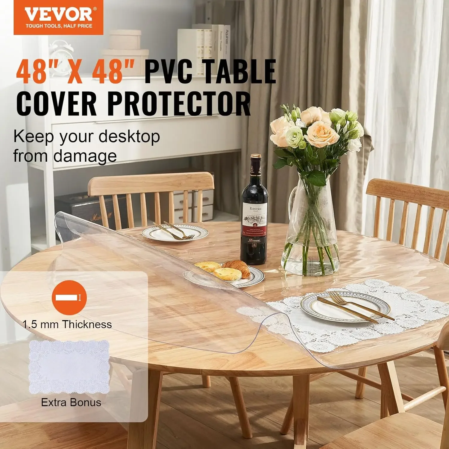 Clear Table Cover Protector, 48 inch/1230 mm Round Table Cover, 1.5 mm Thick PVC PlasticTablecloth, Waterproof Desktop Protector