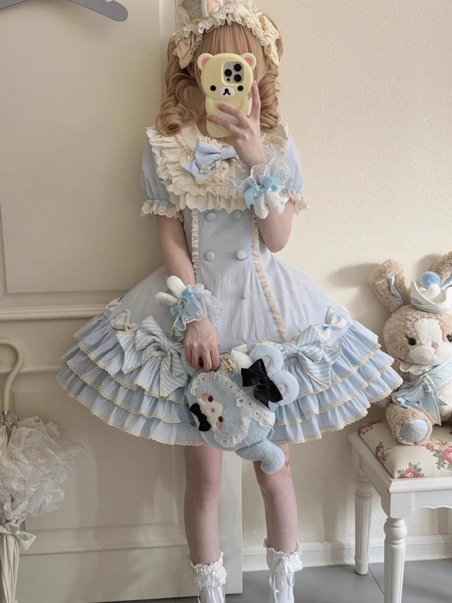 

Blue Striped Sweet Cute Girl Lolita Cake Dress Japanese Original Ancient Feeling Lolita Bow Doll Feeling Short Sleeve Dress