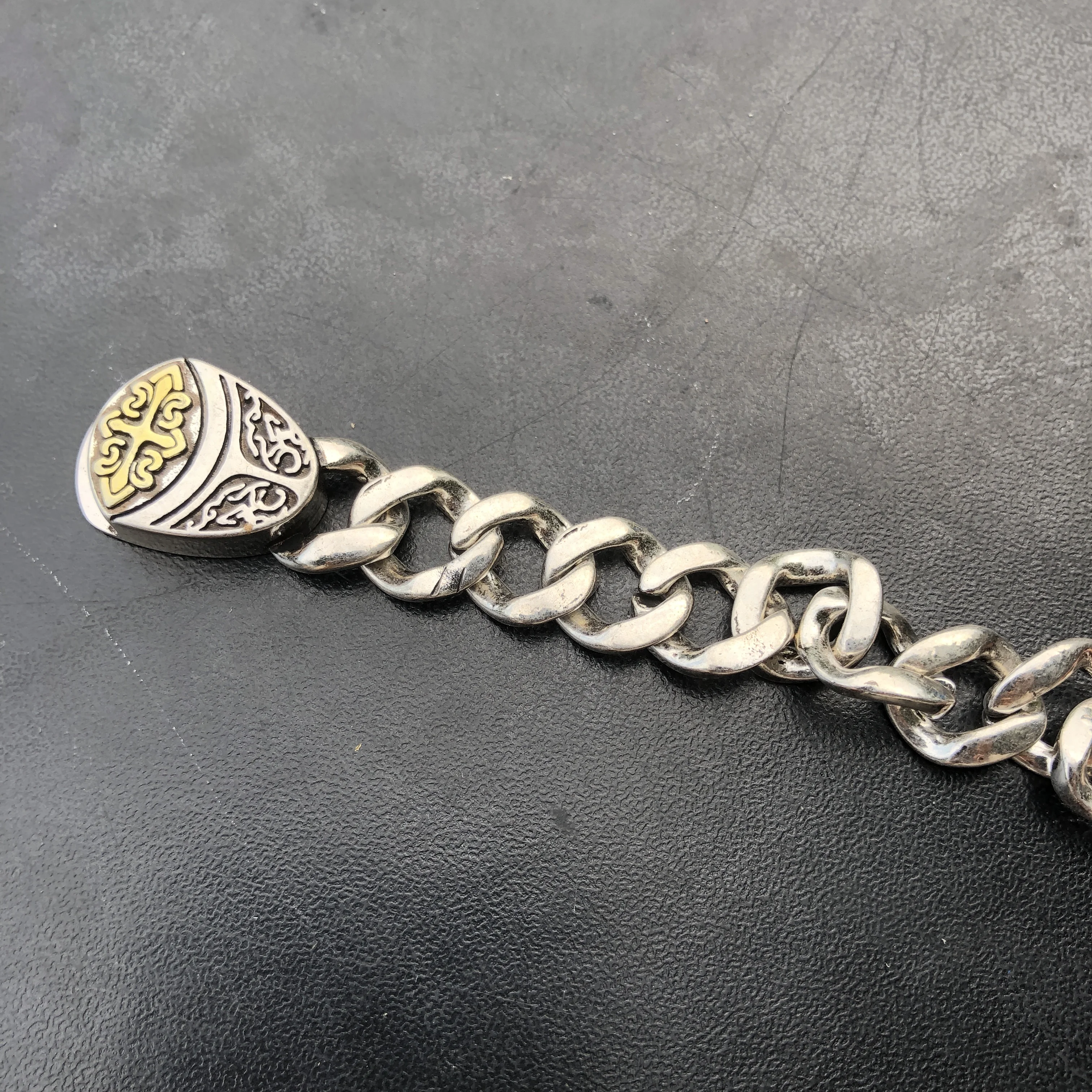 Vintage Two Tone Silver Cuban Link Bracelet, Engraved Celtic Cross Thick Chain Biker Wrist Bracelet for Men