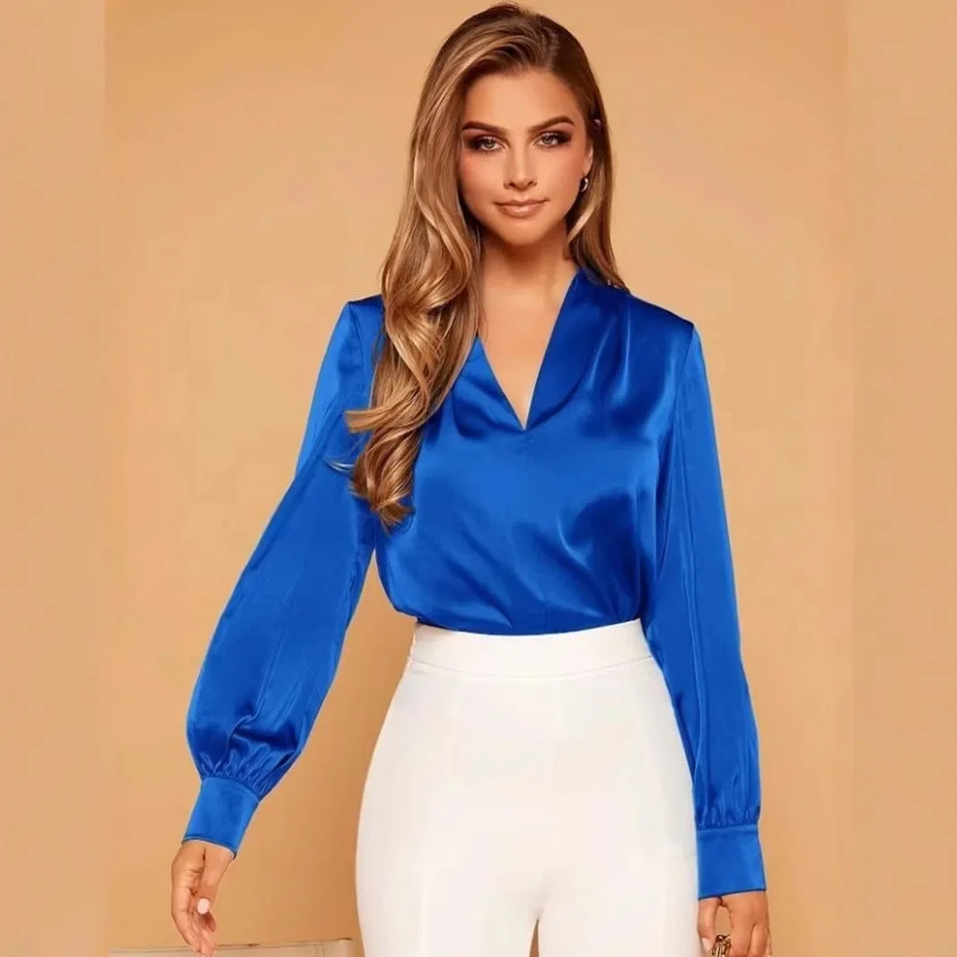 Chemise en Satin à manches longues et col en v pour femme, haut boutonné, à la mode et élégant, pour la saison d'automne
