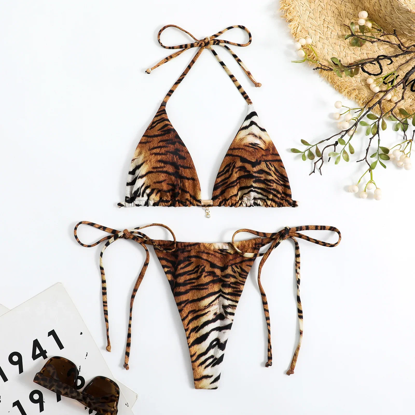 

Sexy Micro Bikini 2024 Summer New 2-piece Tiger Stripe Swimsuit Women Triangle Cup Sling Backless Low Waist Thong Beach Swimwear