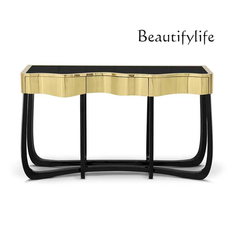 

Light luxury stainless steel entrance table Creative tempered glass Living room Simple wall table Entry end view table