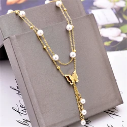 316L Stainless Steel New Fashion Fine Jewelry 2 Layer Beaded Butterfly Pearl Charm Chain Choker Necklaces Pendants For Women