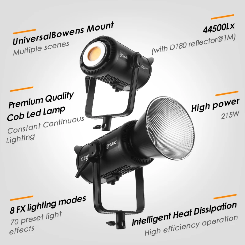 Tolifo X200S LITE Daylight 5600K CCT 215W Linklite APP control COB LED Video Light For Studio & Film/TV Production