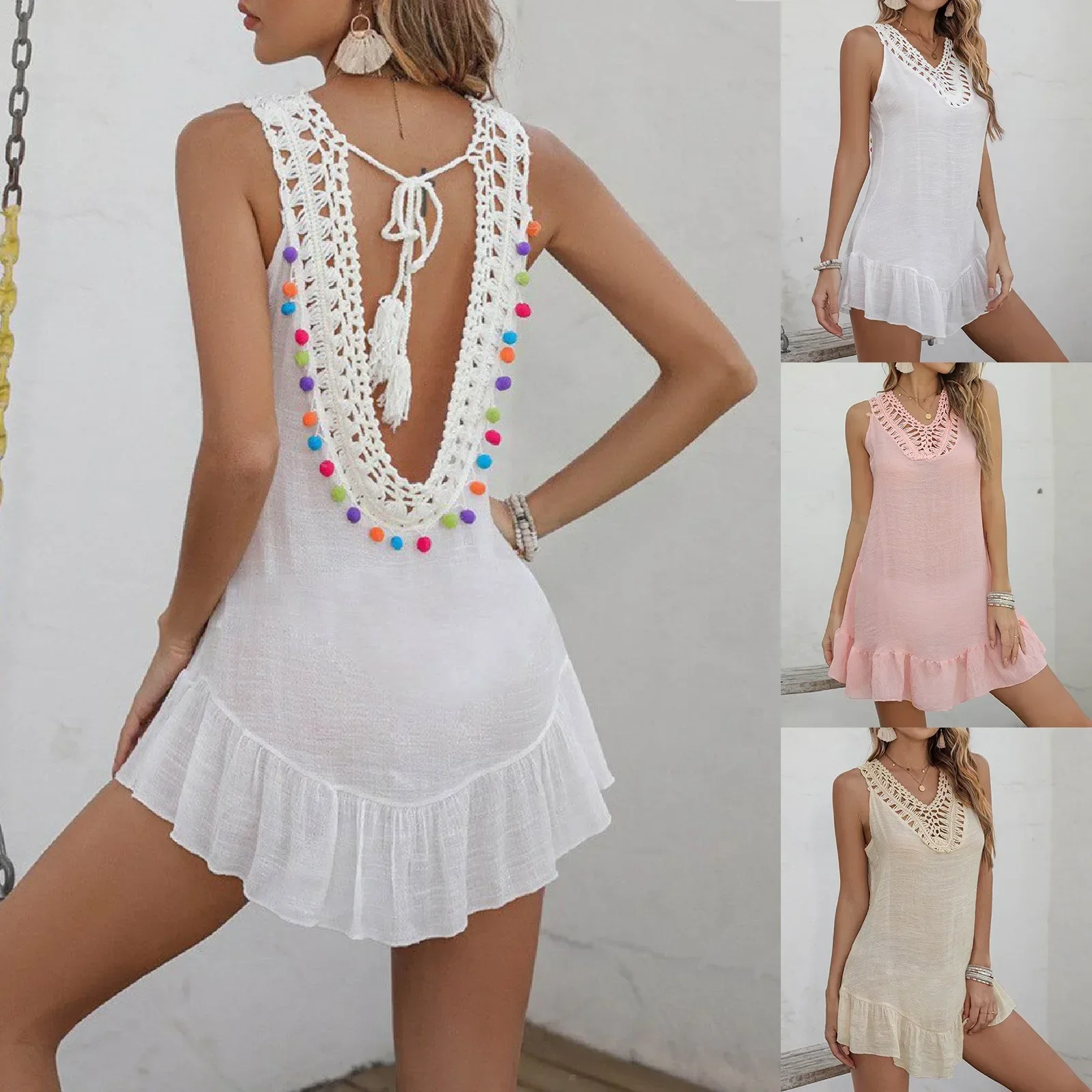 女性のスモック夏水着セクシーなかぎ針編み中空ニット水着ビーチドレスプッシュアップパッド入りブラジャー Tバック 2 枚水着