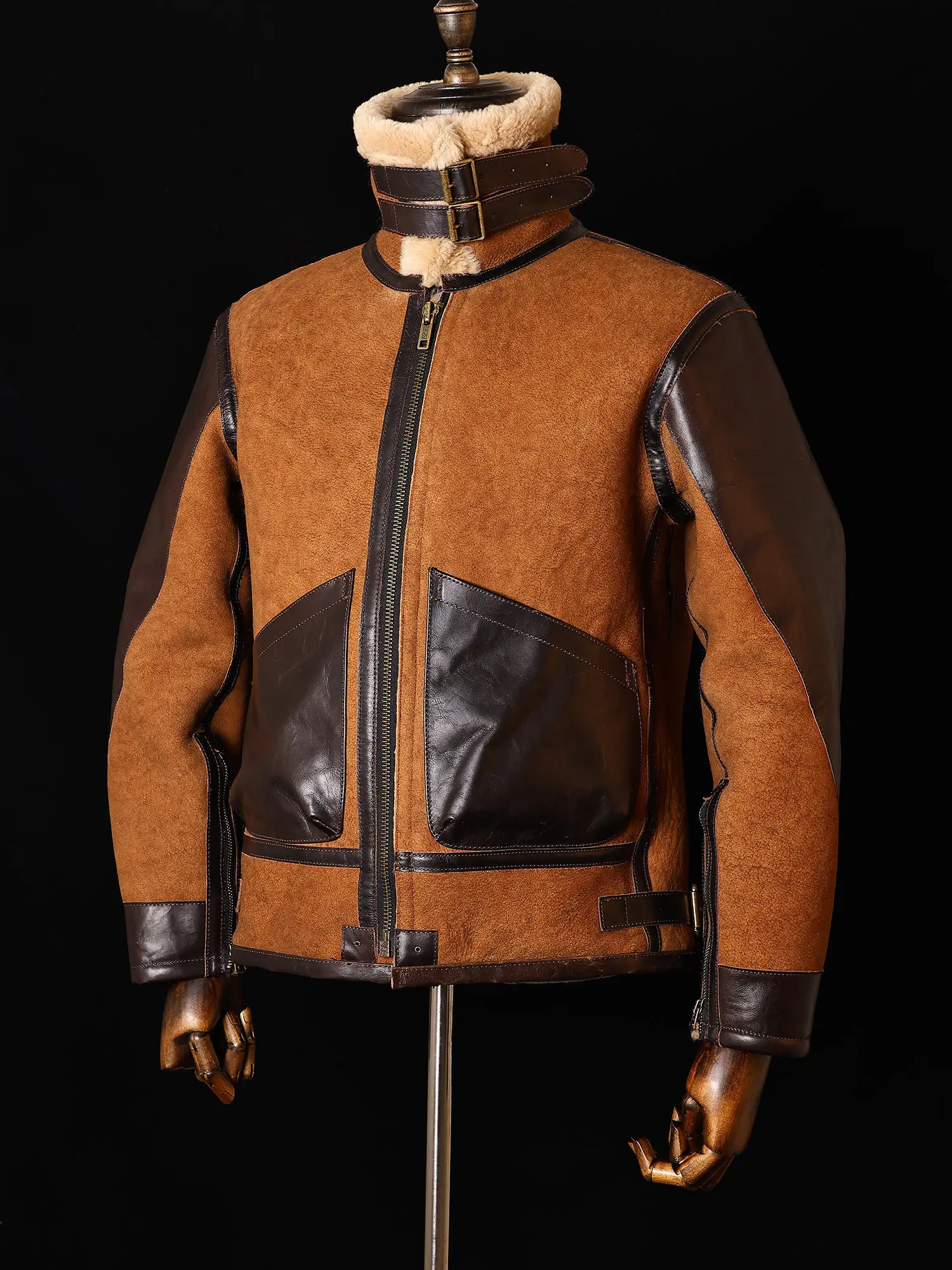 

B3 sheepskin fur integrated flight suit American retro casual battle damage leather jacket