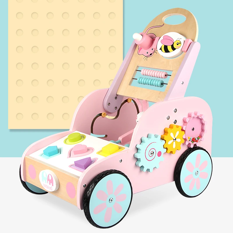 Multifunction Baby Walker with Wheel Wooden Activity Push Walker for Infant Educational Shape Sorter Toy Trolley  Toddle