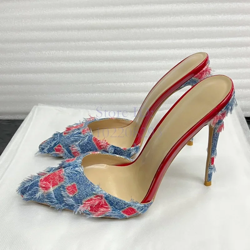 

Retro Denim Patchwork High Heels Slippers Pointed Toe Sewing Slip-on Stiletto Sexy Sandals Fashion 2024 Women Dress Shoes 12cm