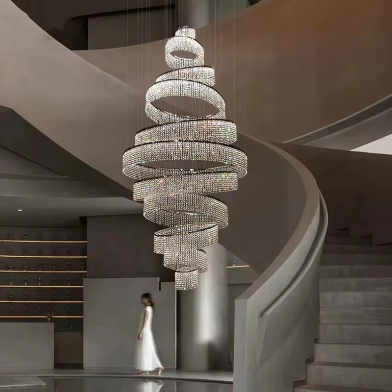 

Villa duplex building chandelier living room crystal lamp modern light luxury atmosphere high hollow circular rotating