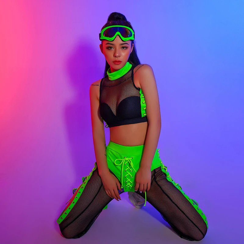 Nightclub Gogo Jazz Dance Costume Women Green Hip Hop Clothes Adult Modern Sexy Performance Outfits Pole Dance Stage Wear BL6140