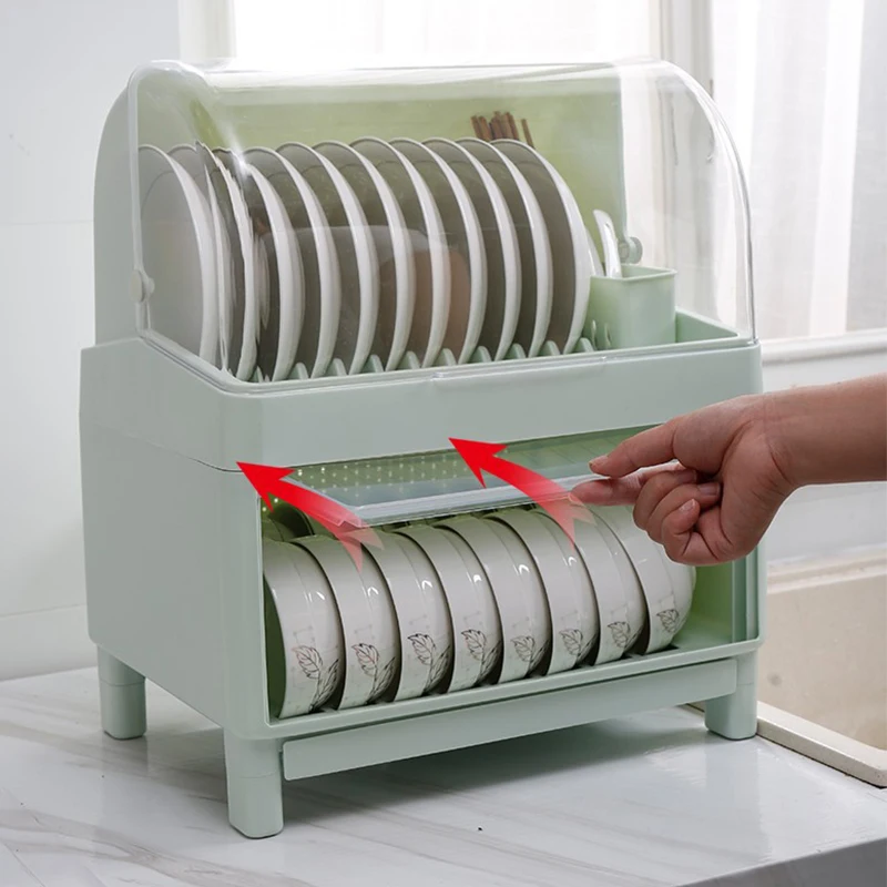 

New Kitchen Bowl Rack Drain Dish Rack With Cover Dishes Chopsticks Dishware Shelving Multifunctional Large Storage Box Cupboards