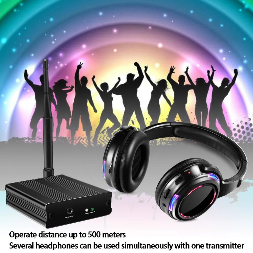 Professional UHF Silent Disco Wireless LED Headphones Bundle with 3 Receivers and 500m Distance Transmitter