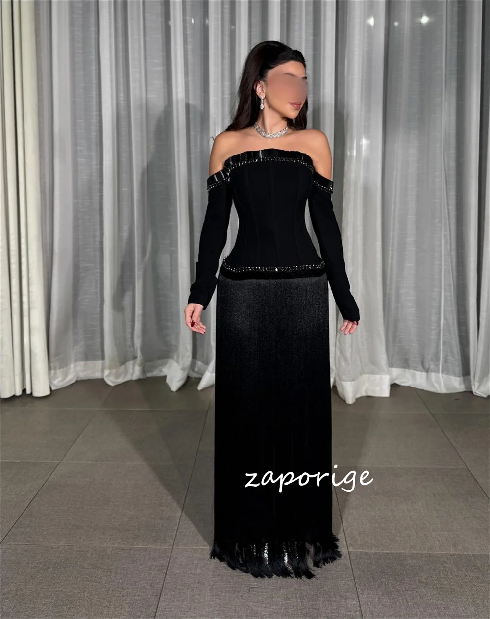 Customized Formal Velour Pleat Sequined Tassel Straight Off-the-shoulder Long Dresses Bespoke Occasion Chinese Style