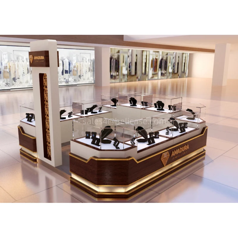 Customized. shop mall decoration jewelry kiosk design jewelry showcase with light jewellery display cabinet mall jewelry