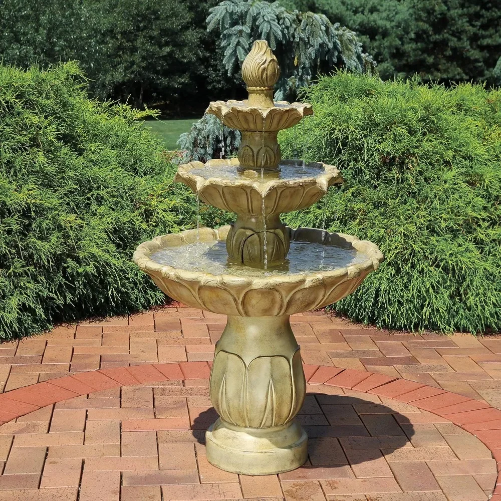 46-Inch 3-Tier Polystone Outdoor Water Fountain, Electric Submersible Fountains, Garden Stone, Waterfall Fountain