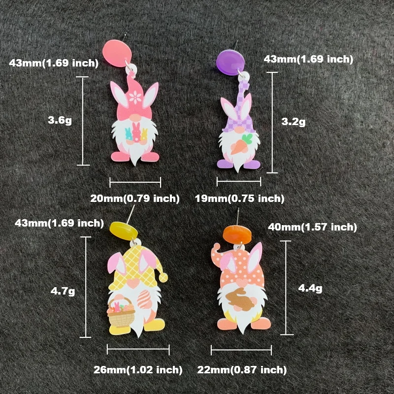 Cute Cartoon Pink Orange Yellow And Purple Gnome With Easter Egg Rabbit And Carrot Acrylic Stud Earrings For Women