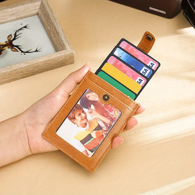 

1PC Pull-out Buckle Card Cover Leather Card Holder Transparent Sandwich Men's and Women's Casual Oil Skin Bank Card Bag Gift