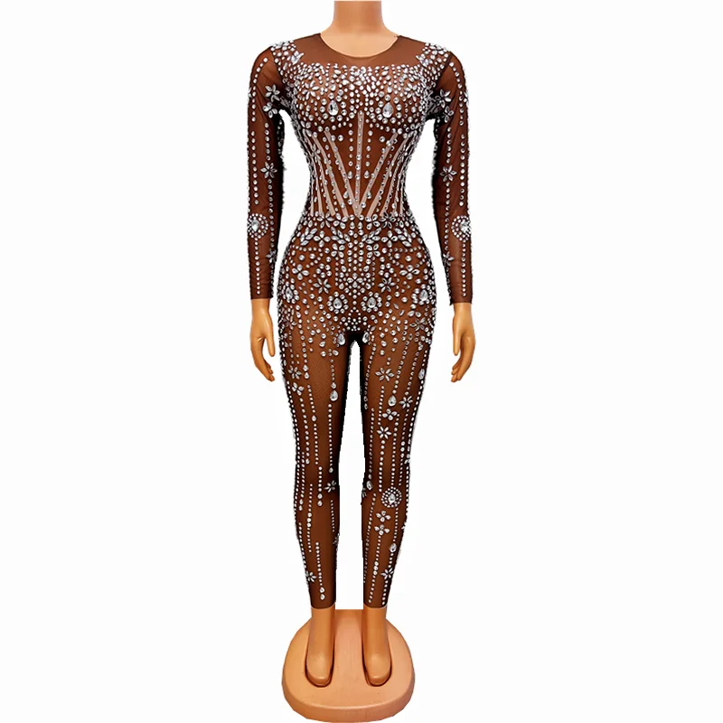 

Women Rhinestones Crystal Mesh Tights Long Sleeve Jumpsuit Sexy Transparent Dance Costume Bar Party Show Performance Leotard