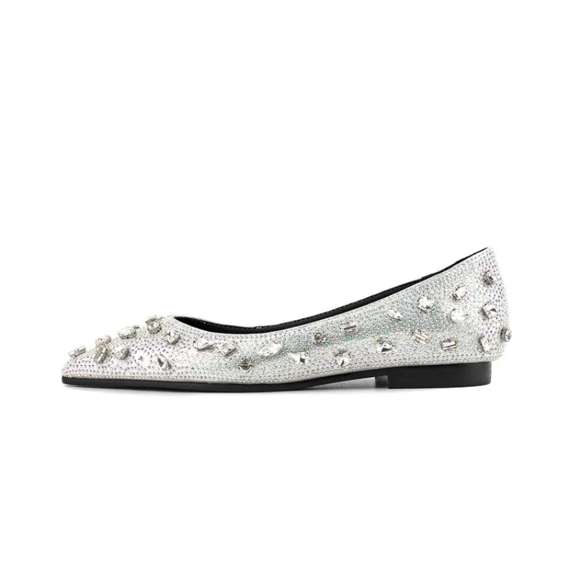 

Silver Diamond Flat Shoes Big Gemstone Pointed Ballet Flat Sandals Printed Casual Women's Shoes Mesh Summer Single Shoes 36-45